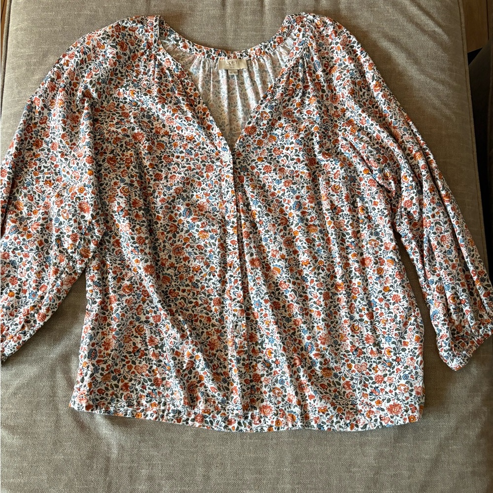LOFT Brown and Tan Relaxed Ruched Blouse